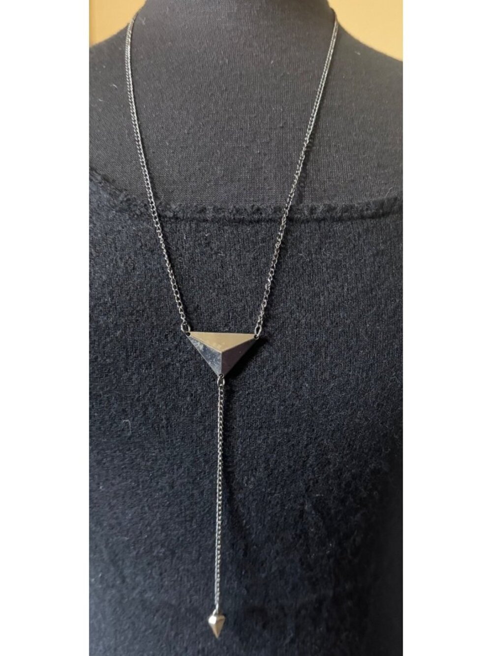 Dark Gunmetal-tone Geometric Triangle Lariat Long Necklace w/Drop Chain 18.5"